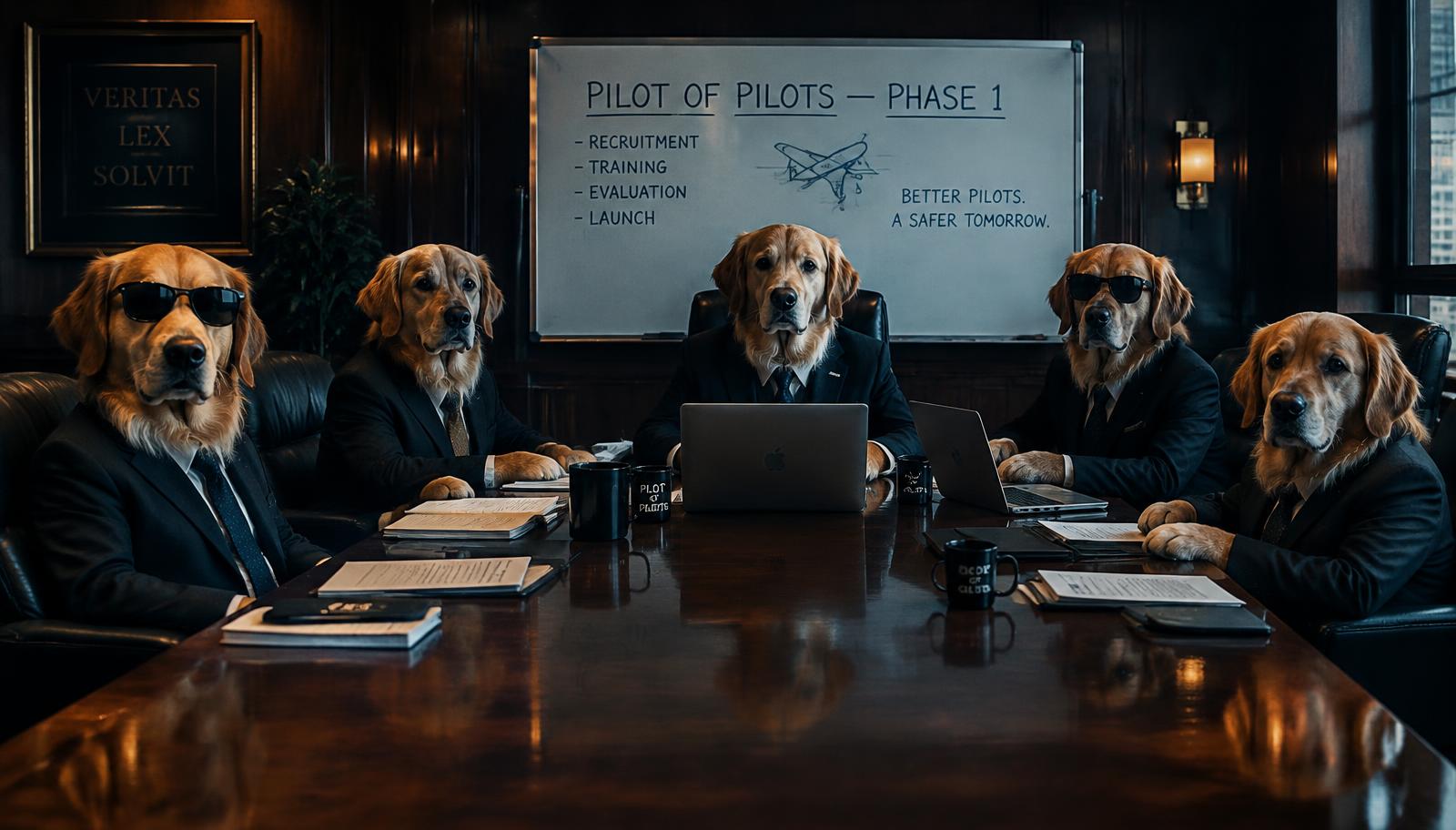 Golden retrievers in dark suits sit around a law-firm committee table beneath a whiteboard reading 'Pilot of Pilots — Phase 1'