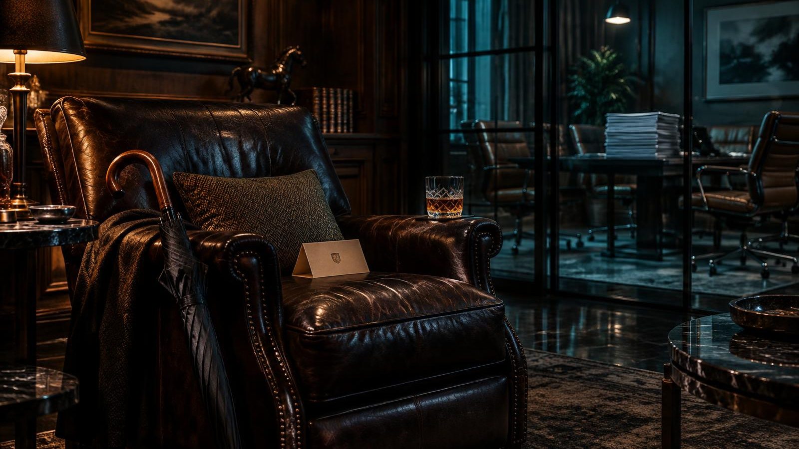 A leather partners' recliner with a whisky and a reserved card, while a stack of feedback forms sits unread behind a glass partition.